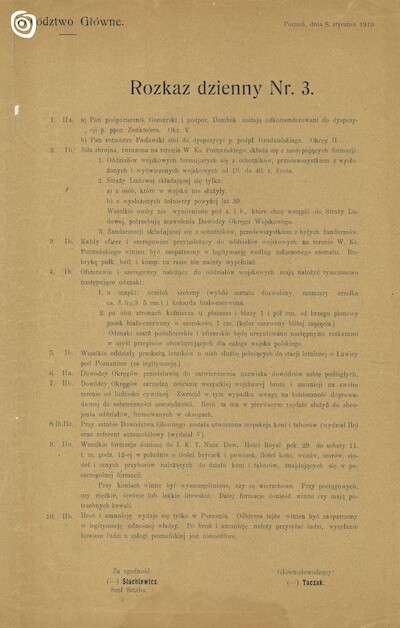 Dokument, Rozkaz dzienny, Gniezno, 1919 r.