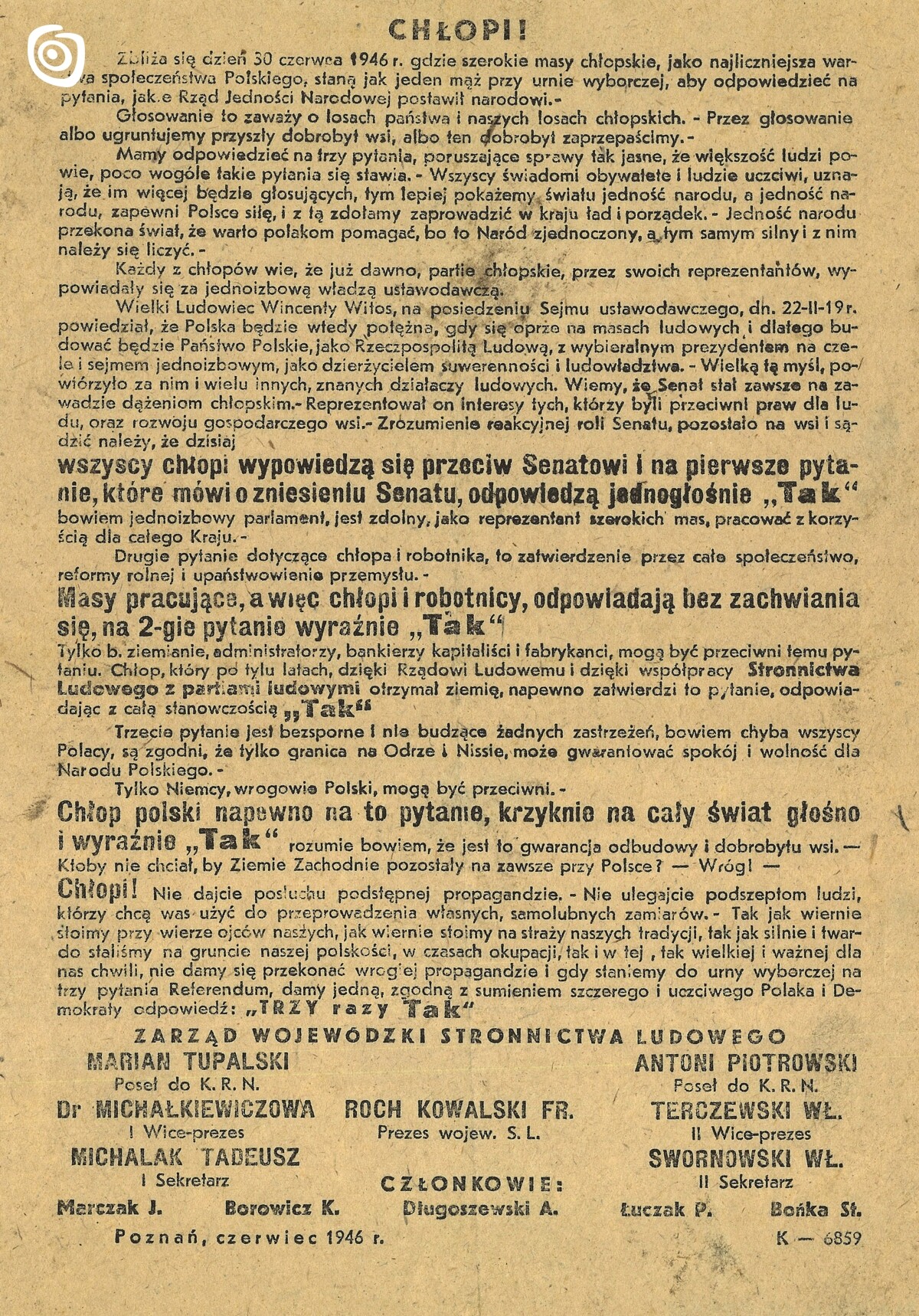 Dokument - Ulotka, Poznań, 1946 r.