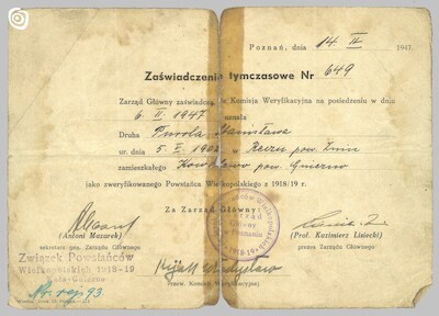 Dokument - Zaświadczenie, Poznań, 1947 r.