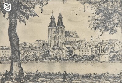 "Panorama Gniezna z katedrą", nieokreślony rysownik o inicjałach J. J., 1941 r.